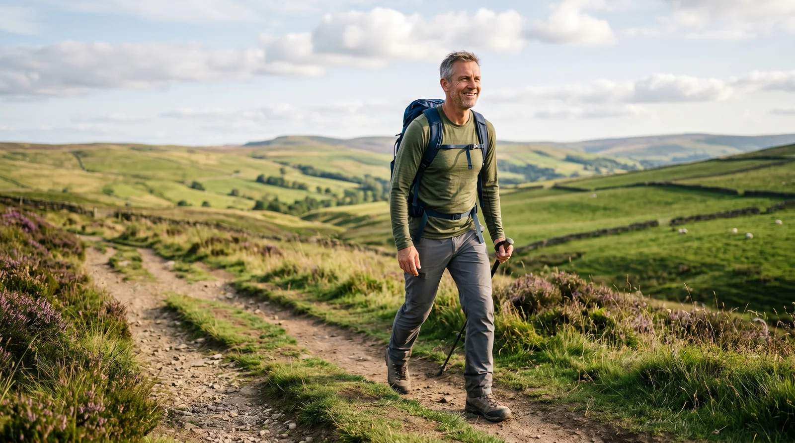 Man hiking in the countryside after recovering from hip resurfacing surgery, Birmingham