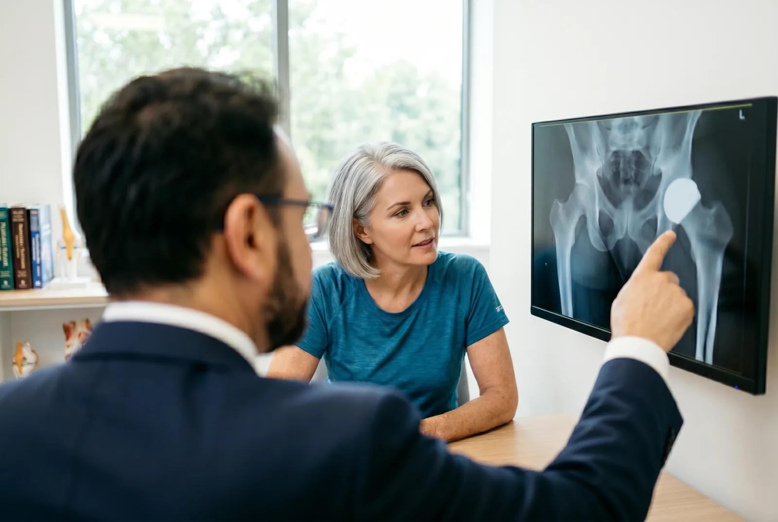 Mr Shakir Hussain discussing a hip resurfacing X-ray with a patient at a consultation in Birmingham