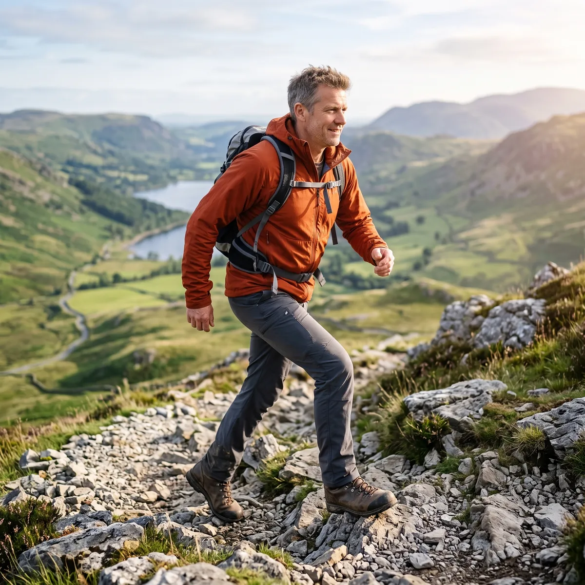 Man hill walking up a rocky trail above a valley, representing the active life patients return to after hip resurfacing with Mr Shakir Hussain, Birmingham