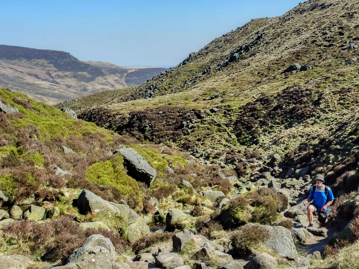 Mr Hussain's patient hill walking on a rocky moorland trail after hip resurfacing