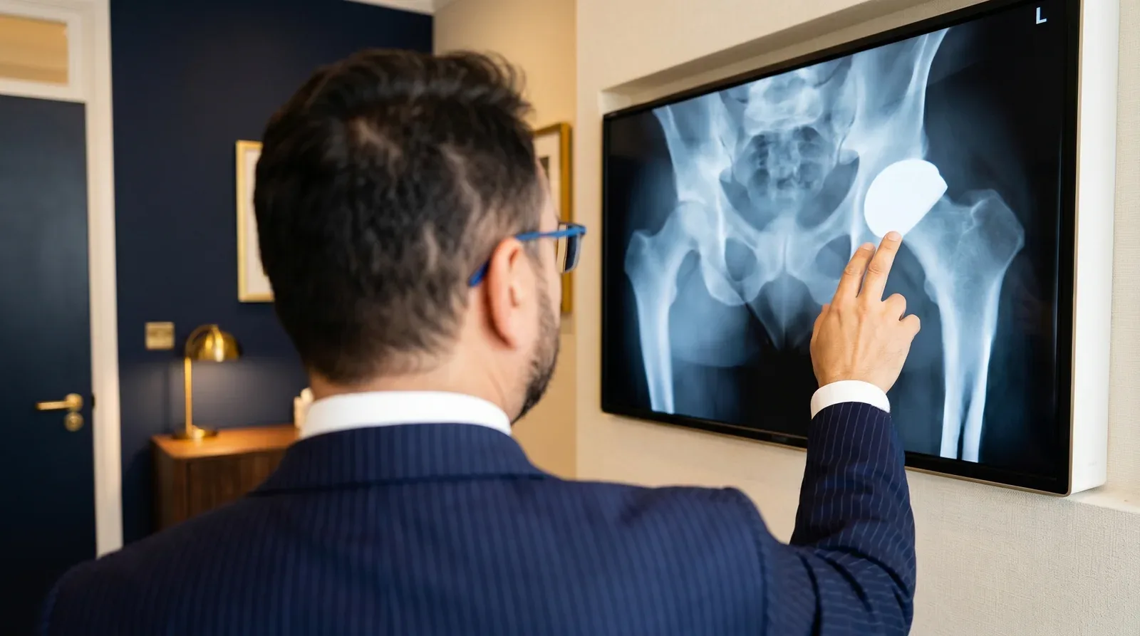 Surgeon reviewing a hip X-ray on screen to assess avascular necrosis of the femoral head
