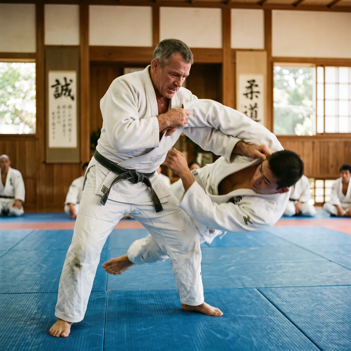 Judo player in his fifties, a typical hip resurfacing candidate, mid-throw in the dojo