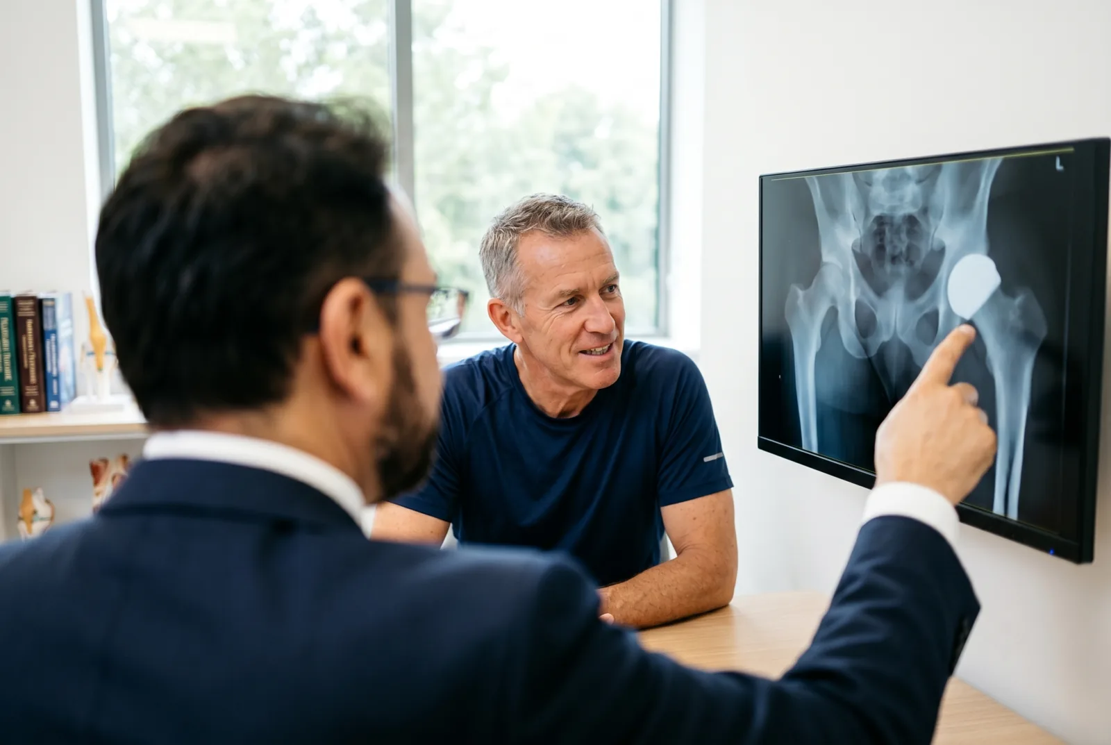 Mr Shakir Hussain reviewing a hip resurfacing X-ray with a patient during a consultation in Birmingham