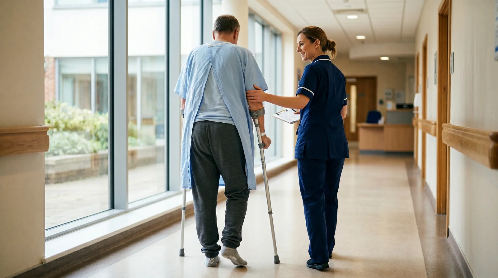 Patient walking on crutches with a physiotherapist on the day of hip resurfacing surgery, Birmingham