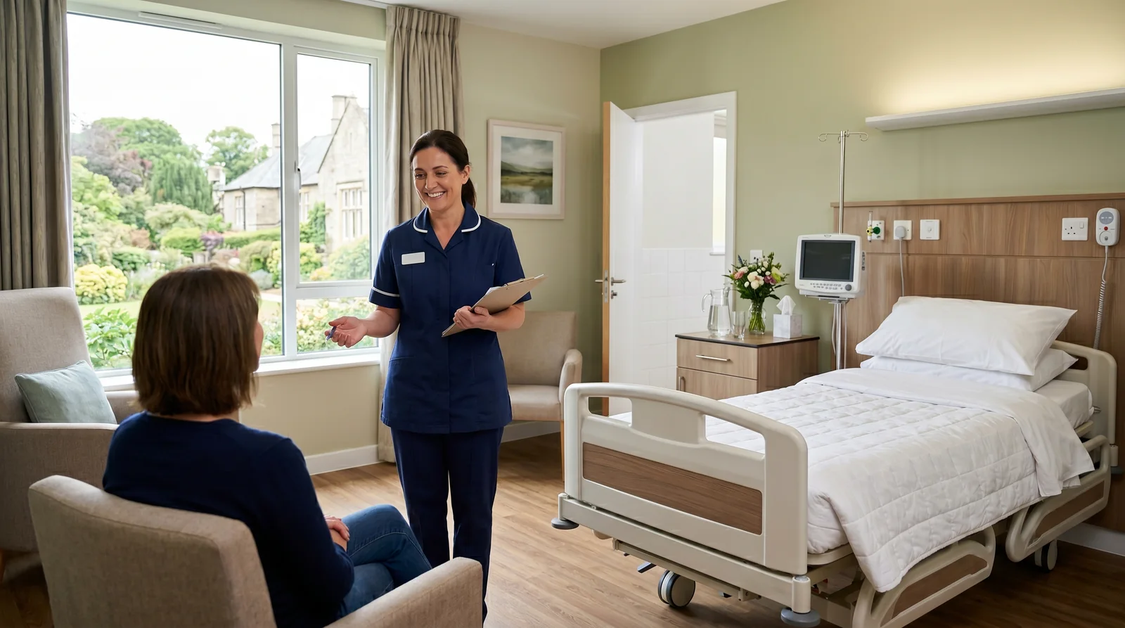 Nurse welcoming a patient to a private hospital room on admission before hip resurfacing surgery, Birmingham