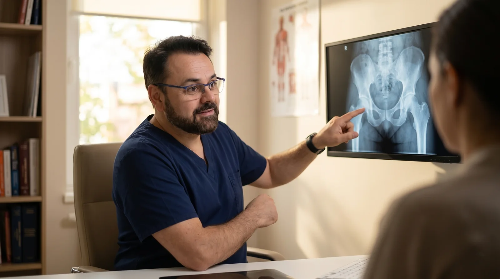 Mr Shakir Hussain reviewing an AP pelvis X-ray with a patient at a pre-operative hip resurfacing assessment in Birmingham
