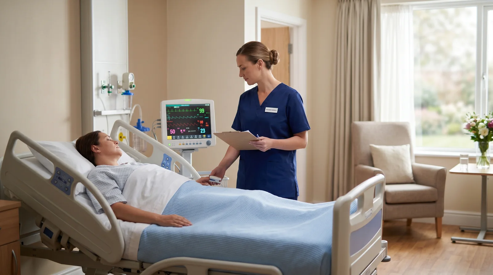 Nurse checking observations as a patient rests in a private recovery room after hip resurfacing surgery, Birmingham