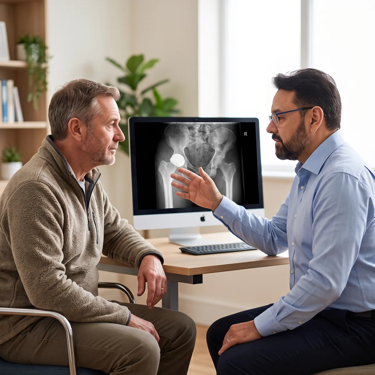 Consultant discussing hip resurfacing complications with a patient in clinic, X-ray on screen