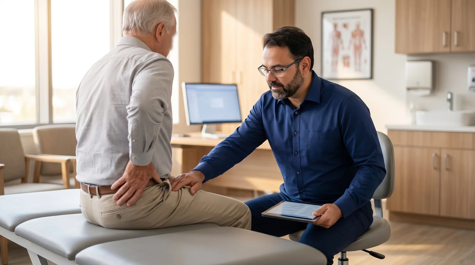 Mr Shakir Hussain examining an older patient's hip in clinic to assess suitability for hip resurfacing, Birmingham