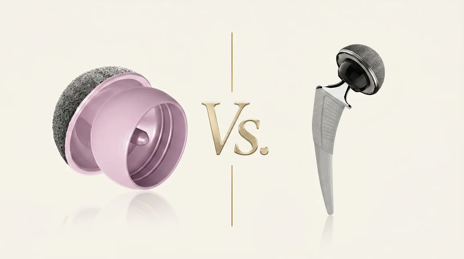 A ceramic hip resurfacing implant, a cap and cup, beside a stemmed total hip replacement implant, illustrating how resurfacing preserves the femoral head while replacement removes it