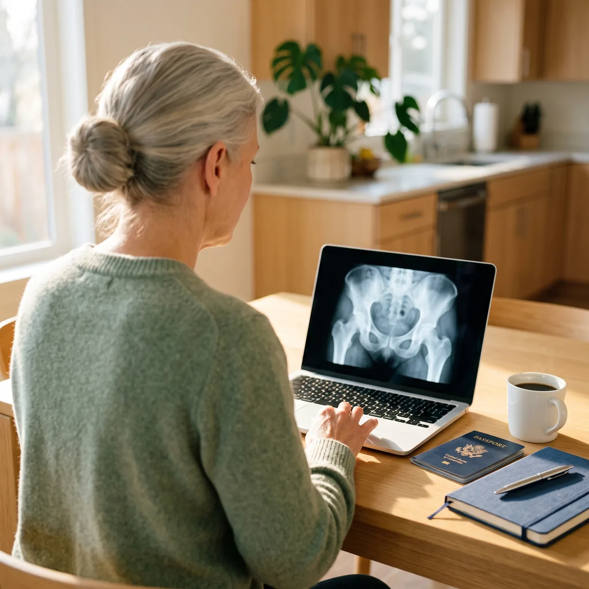 Prospective international patient at home reviewing a pelvis X-ray on a laptop beside a United States passport, before travelling to the UK for hip resurfacing