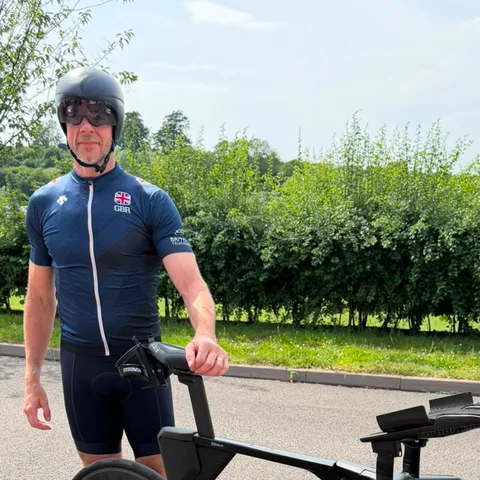 Martin with his time-trial bike, back in Ironman training after hip resurfacing