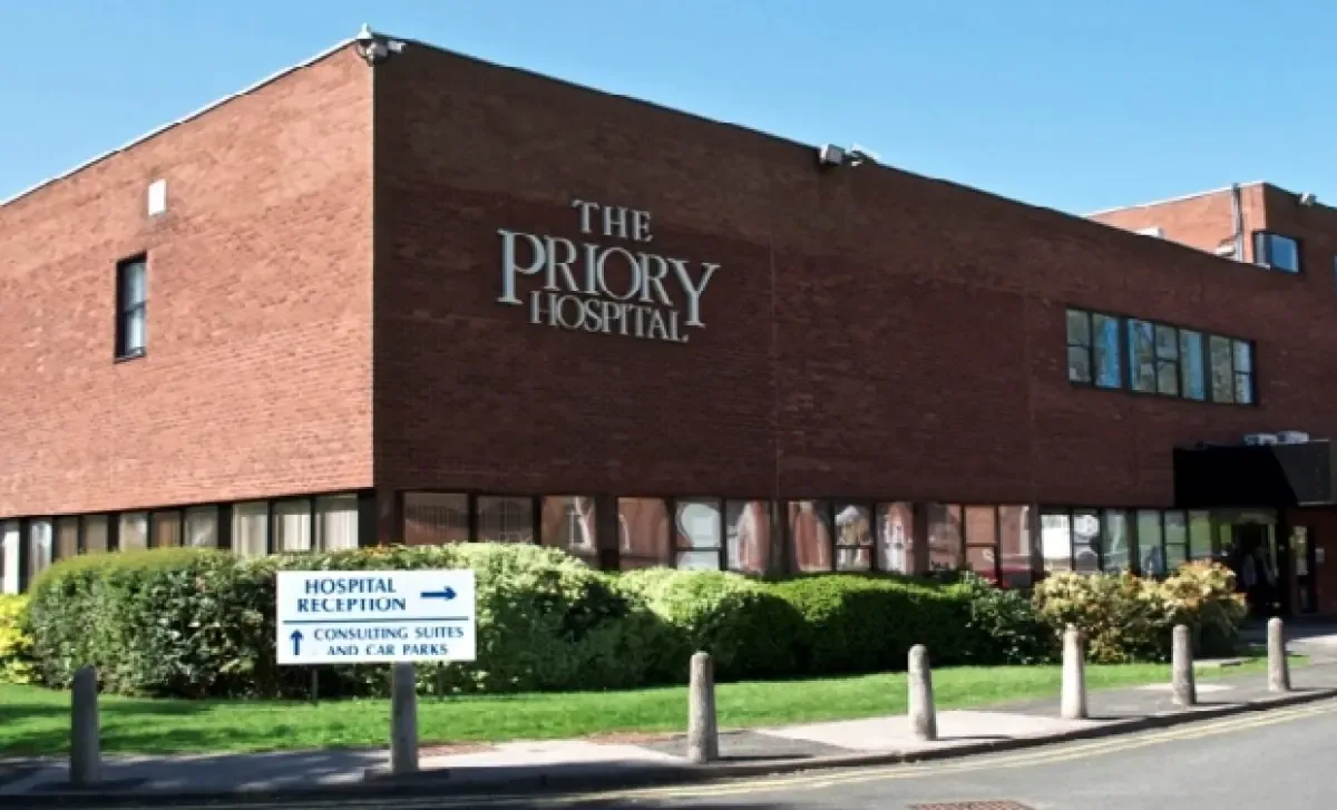 The Priory Hospital, Edgbaston, Birmingham, a red-brick private hospital with hospital signage