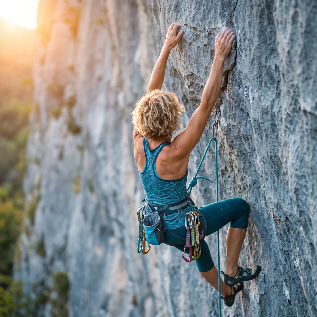 Woman rock climbing a steep cliff face, representing the return to high-impact sport possible after ceramic hip resurfacing by Mr Shakir Hussain, Birmingham