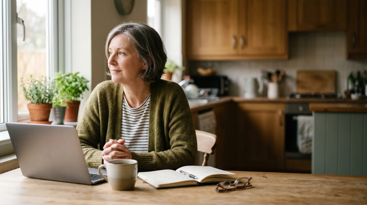 A woman in her fifties at her kitchen table weighing private self-pay hip resurfacing against the NHS waiting list, Mr Shakir Hussain, Birmingham