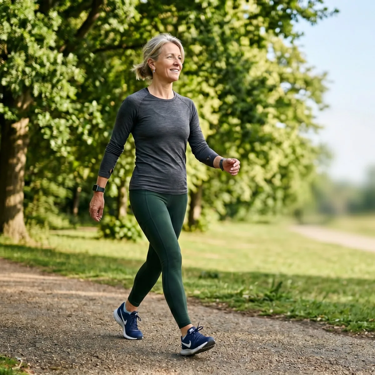 An active woman walking in a park after recovery from hip resurfacing surgery in Birmingham